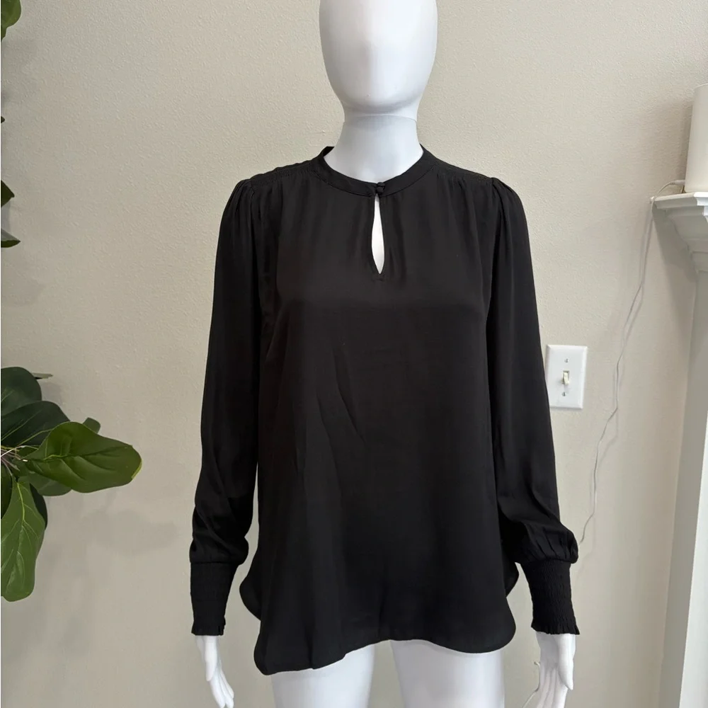 LOFT Black Satin Blouse Womens Size Small Smocked Long Puff Sleeve Fairy Goth